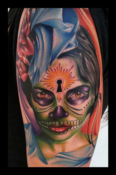 Brent Olson - day of the dead portrait girl realistic color tattoo brent olson art junkies tattoo