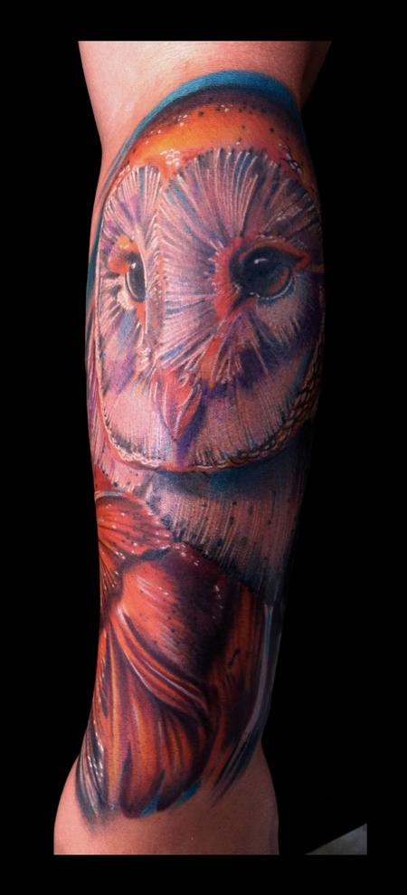 Brent Olson - Owl realistic color tattoo Brent Olson Art Junkies Tattoo