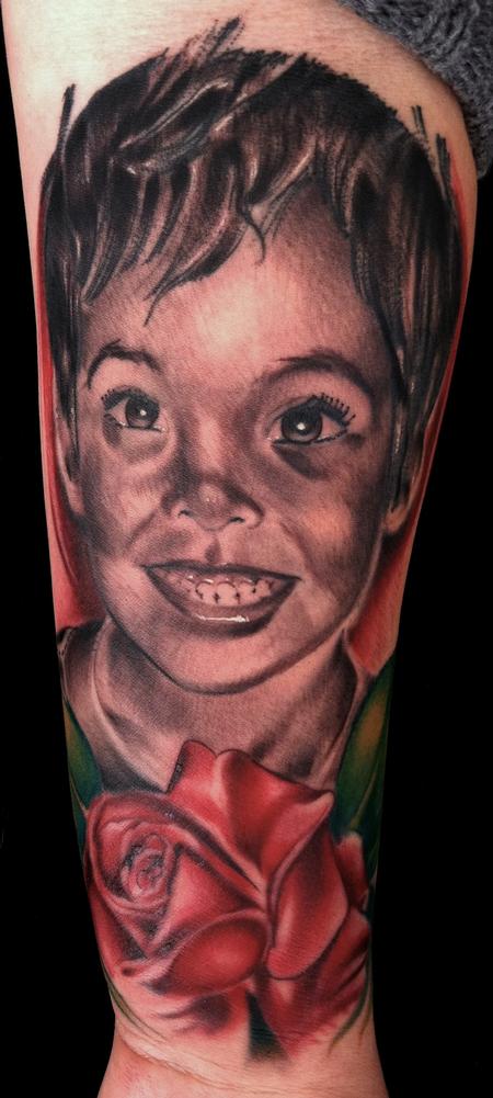 realistic color and black and grey portrait flower tattoo Brent Olson Art 