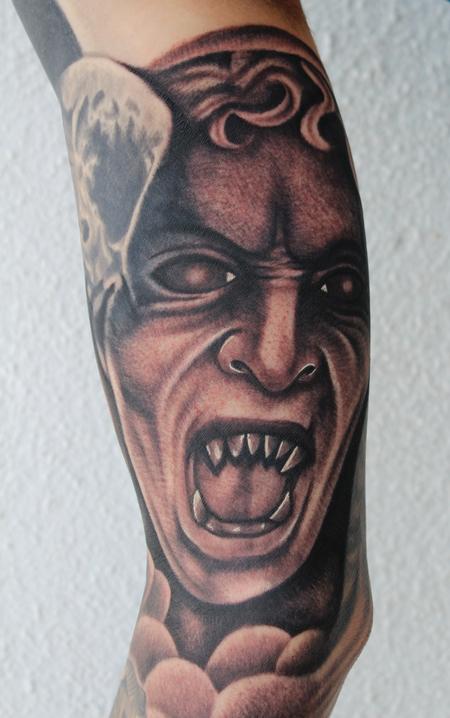 Art Junkies Tattoo Studio : Tattoos : Religious Demon : black and grey demon angel tattoo, Scott Grosjean Art Junkies Tattoo