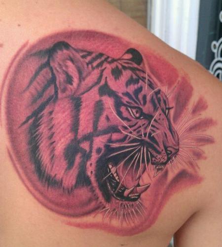 Scott Grosjean - Black and Grey realistic tiger tattoo