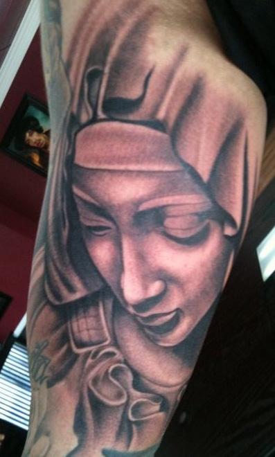 Scott Grosjean - Black and Grey portrait tattoo of the Madonna statue 