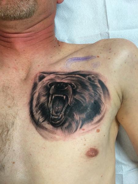 Mike Riedl - Black and gray realistic bear cover up tattoo, Mike Riedl Art Junkies Tattoo 