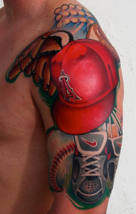 colorful traditional baseball half sleeve tattoo