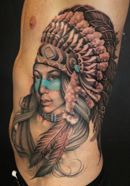  realistic native american girl tattoo,Tim McEvoy Art Junkies Tattoo