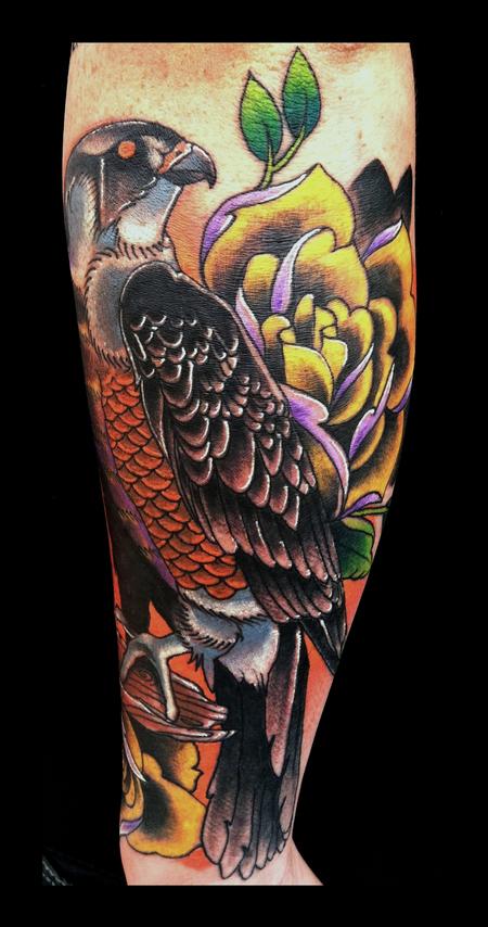 Brent Olson - traditional hawk bird color roses brent olson art junkies tattoo