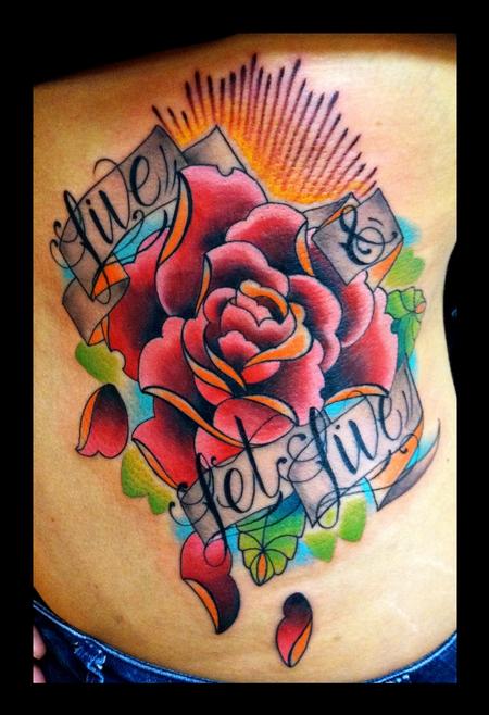 Brent Olson - Traditional Color Rose flower Custom Tattoo