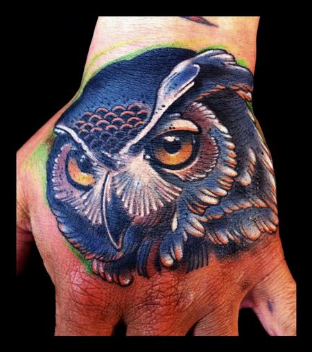 Brent Olson - Owl traditional color hand tattoo Brent Olson Art Junkies Tattoo