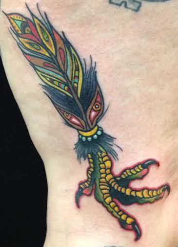 Tattoos - Traditional color feather with a foot tattoo, Gary Dunn Art Junkies Tattoo  - 99700