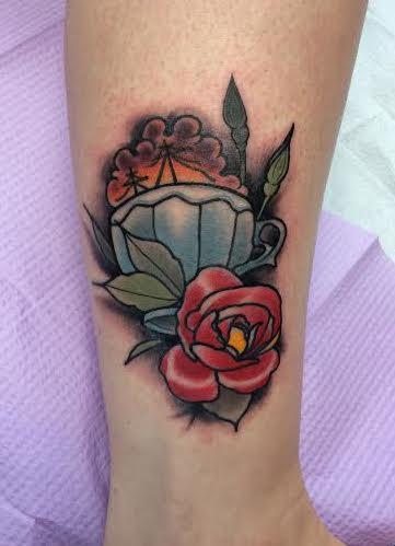 Mike Riedl - Traditional color tea cup with rose tattoo. Mike Riedl Art Junkies Tattoo. 