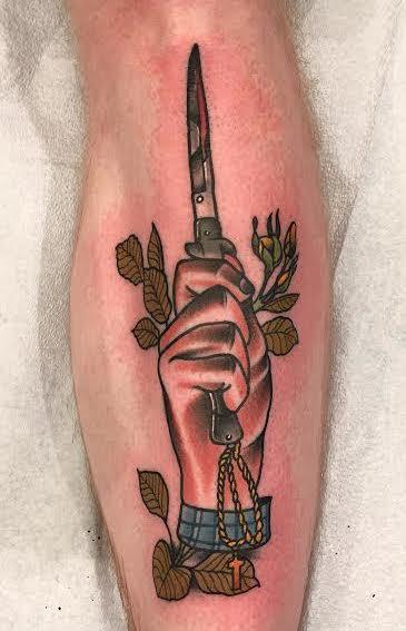 Gary Dunn - Traditional color hand holding knife tattoo, Gary Dunn Art Junkies Tattoo 