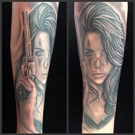 Scott Grosjean - Realistic black and gray girl with gun portrait tattoo. Scott Grosjean Art Junkies Tattoo.