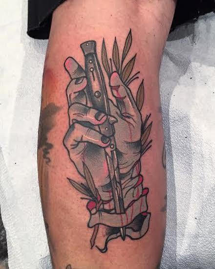 Gary Dunn - Traditional color hand with switch blade tattoo, Gary Dunn Art Junkies Tattoo 