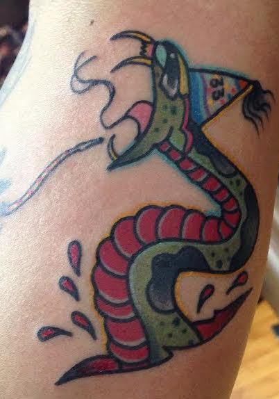 Gary Dunn - Traditional color snake with his birthday hat tattoo, Gary Dunn Art Junkies Tattoo
