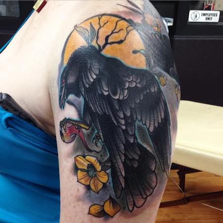 Gary Dunn - Traditional color raven with eyeball and flower tattoo, Gary Dunn Art Junkies Tattoo