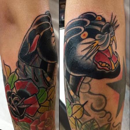 Mike Riedl - Traditional color panther coverup tattoo, Mike Riedl Art Junkies Tattoo
