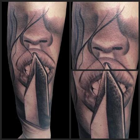 Scott Grosjean - Realistic black and gray portrait of girl with knife tattoo. Scott Grosjean Art Junkies tattoo
