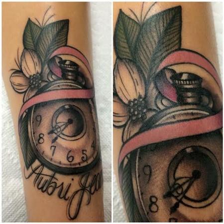 Frichard Adams - Traditional color pocket watch with banner tattoo. Frichard Adams Art Junkies Tattoo. 