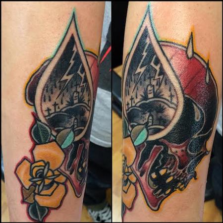 Mike Riedl - Traditional color skull with rain drop and rose tattoo