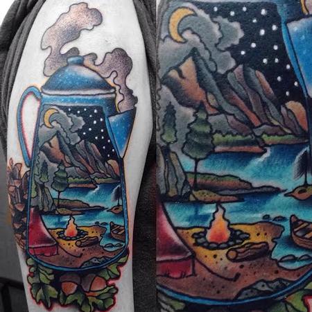Gary Dunn - Traditional color camping coffee kettle with campsite tattoo, Gary Dunn Art Junkies Tattoo 