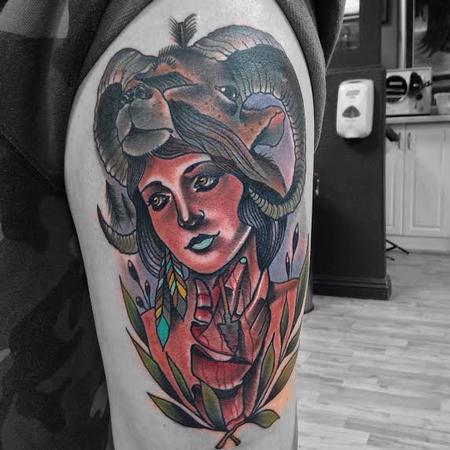 Gary Dunn - Traditional Girl with Ram head tattoo, Gary Dunn Art Junkies Tattoo