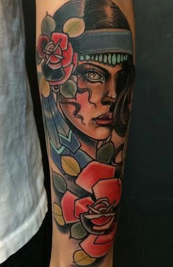 Mike Riedl - Traditional color gypsy girl with roses tattoo. Mike Riedl Art Junkies Tattoo