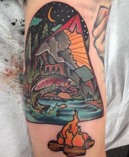 Gary Dunn - Traditional style camp ground with fish tattoo, Gary Dunn Art Junkies Tattoo 