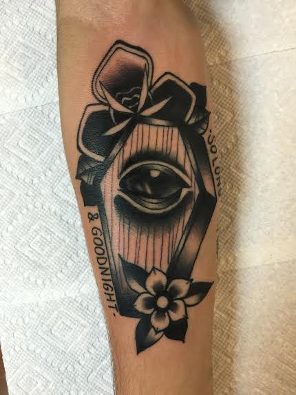 Frichard Adams - Traditional black coffin with eye and flowers tattoo. Frichard Adams Art Junkies Tattoo 