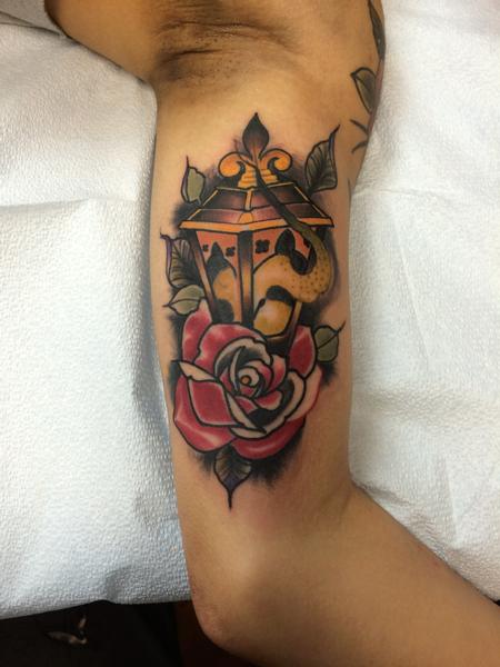 Mike Riedl - Traditional color lantern with rose tattoo. Mike Riedl Art Junkies Tattoo 