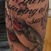 Tattoos - Black and Grey script with bird and flowers tattoo, Tim McEvoy Art Junkies Tattoo - 75585