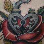 Tattoos - Traditional color rose with heart locket tattoo, Mike Riedl Art Junkies Tattoo - 99760