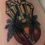 Tattoos - Traditional color skeleton hand with palm tree and sun tattoo, Mike Riedl Art Junkies Tattoo. - 99945