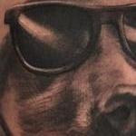 Tattoos - Realistic black and gray portrait of dog in sunglasses tattoo. Ryan Mullins Art Junkies Tattoo - 102273