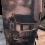 Tattoos - Black and gray realistic light house with ocean and birds tattoo. Ryan Mullins Art Junkies Tattoo  - 104877