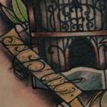 Tattoos - Traditional color bird cage with bird and name tattoo, Mike Riedl Art Junkies Tattoo. - 101037