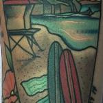 Tattoos - Traditional color surf board with ocean scene inside tattoo, Gary Dunn Art Junkies Tattoo - 106567