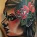 Tattoos - color traditioal girl portrait with flower in hair tattoo, Gary Dunn Art Junkies Tattoo - 78646