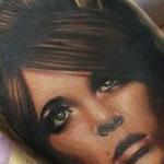 Realistic color portrait of girl with horns tattoo, Brent Olson Art Junkies Tattoo Tattoo Thumbnail