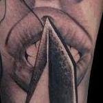 Tattoos - Realistic black and gray portrait of girl with knife tattoo. Scott Grosjean Art Junkies tattoo - 108598