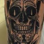 Tattoos - Traditional black and gray sugar skull with roses tattoo, Mike Riedl Art Junkies Tattoo - 100198