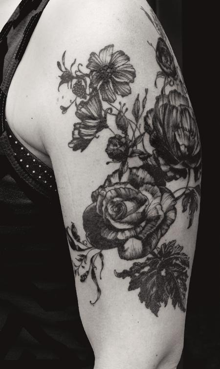 Aubrey Mennella - black works vintage botanical rose flower tattoo