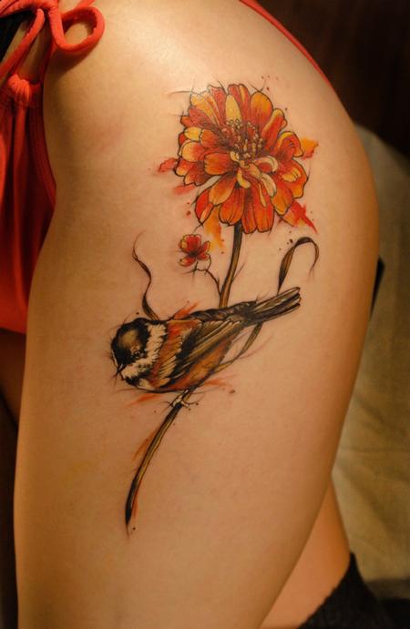 Aubrey Mennella - chickadee watercolor tattoo