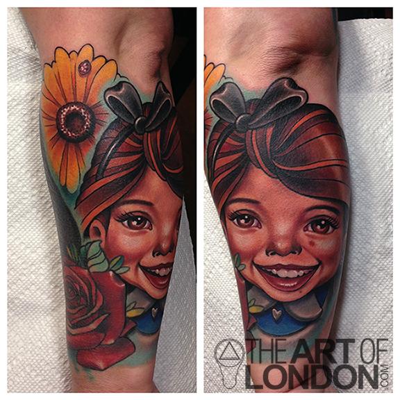 Cartoon Tattoo Artist London | cartoon girl and daisy tattoo by london reese tattoonow Cartoon Tattoo Artist London | cartoon girl and daisy tattoo by london reese tattoonow