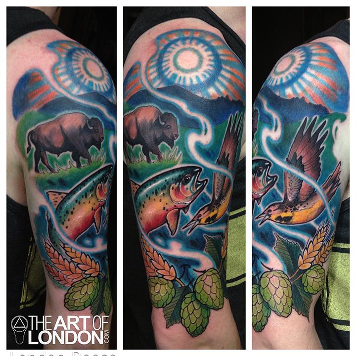 montana tributte buffalo trout hops barley bird color tattoo by montana tributte buffalo trout hops barley bird color tattoo by
