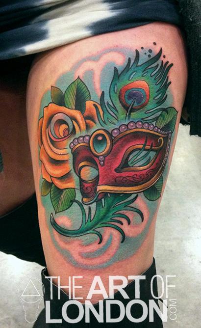 venetian mask peacock feather rose memorial tattoo by london reese venetian mask peacock feather rose memorial tattoo by london reese