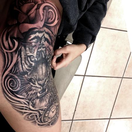 George Muecke - tiger rose pocket watch black and grey female tattoo