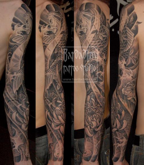 Koi fish and chrysanthemum flowers Japanese full sleeve black and 