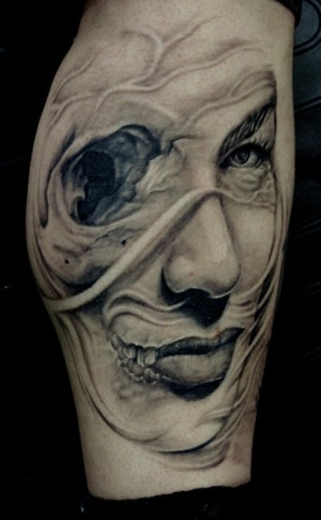 skull face tattoo. woman and skull face tattoo