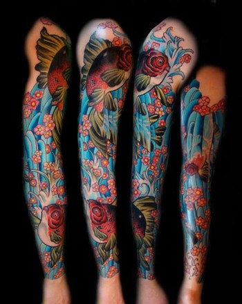 Full color goldfish sleeve tattoo