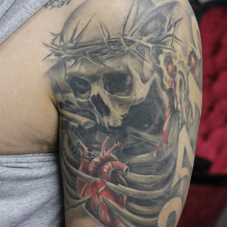Tattoos - Healed black and grey skull and rib cage sleeve with a realistic color heart - 119249